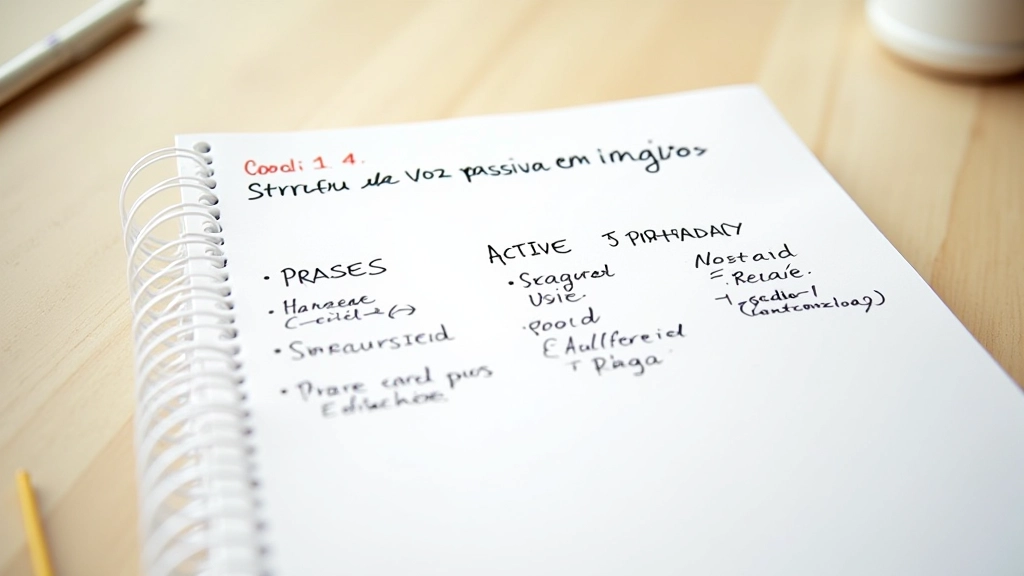 Estrutura da voz passiva em inglês, comparação entre frases ativas e passivas, notas educativas em papel